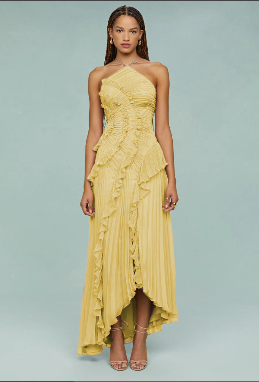 Ruffled Pleated Halterneck Dress Summer Irregular Hem Dresses Party Club Evening Gown Clothing