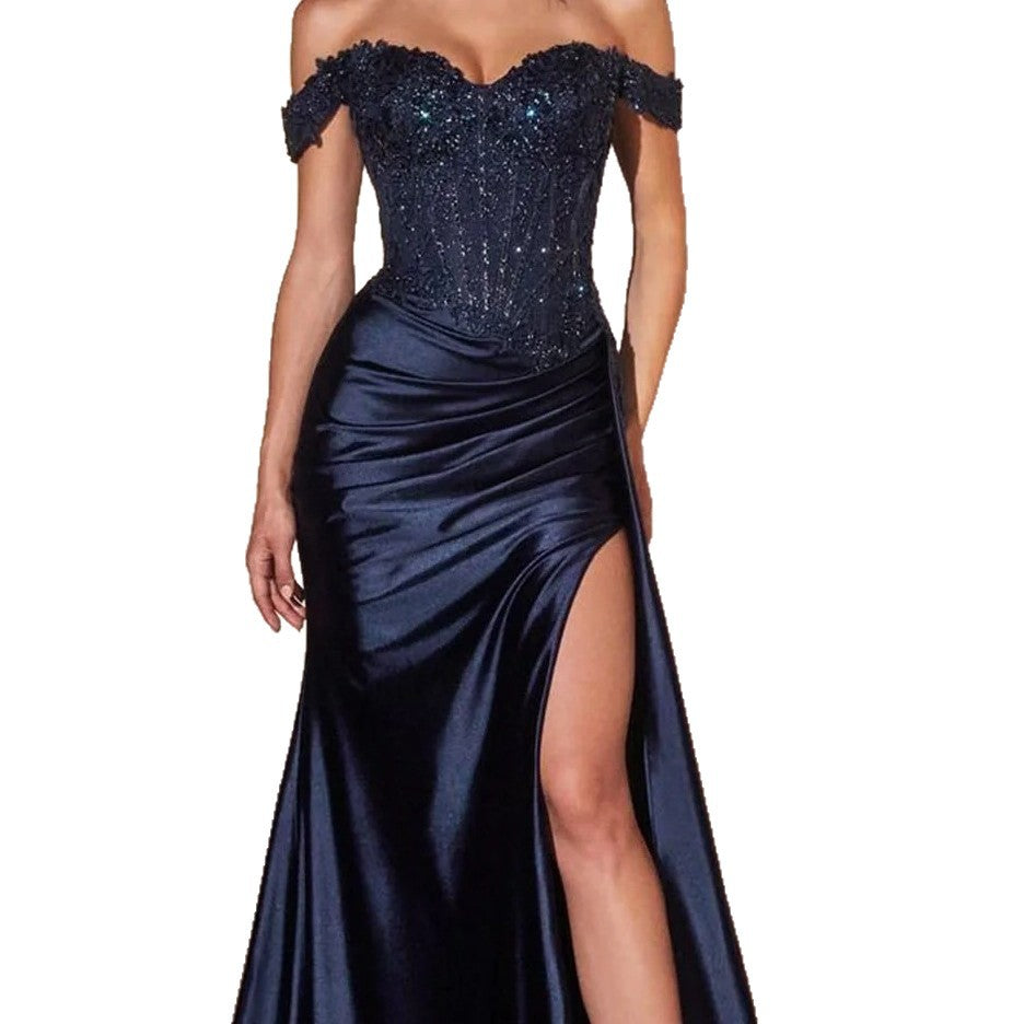New Satin Off-the-shoulder Slit Evening Gown With Pleated Design