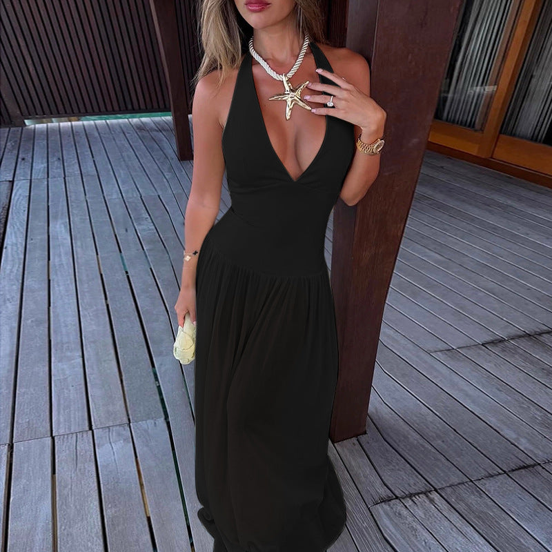 European And American Style Halterneck Vacation Pleated A-Line Long Dress
