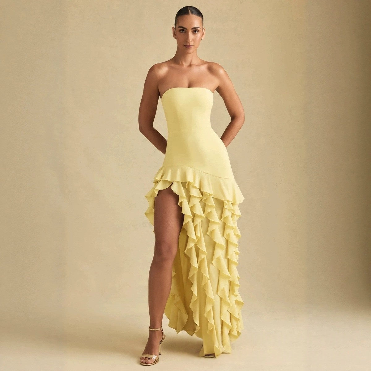 Ruffle-trimmed Side-slit Elegant Dress