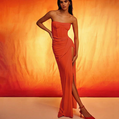 Crimp Slit Hemline At Hem Tube Top Backless Dress Long