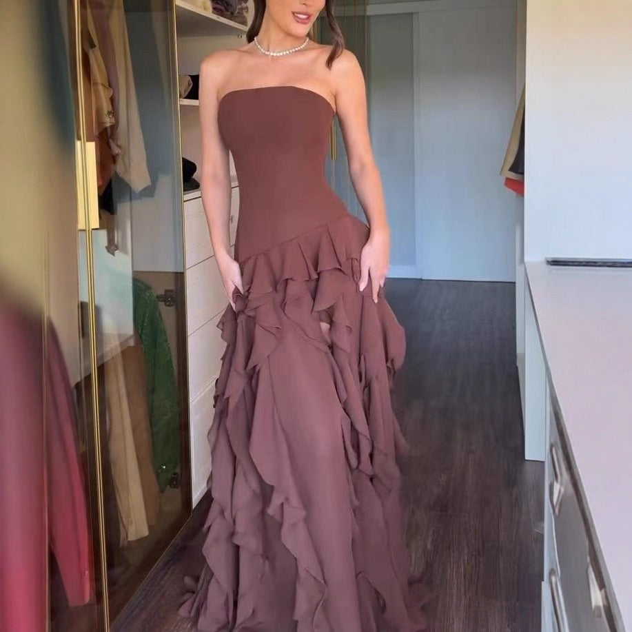Ruffle-trimmed Side-slit Elegant Dress