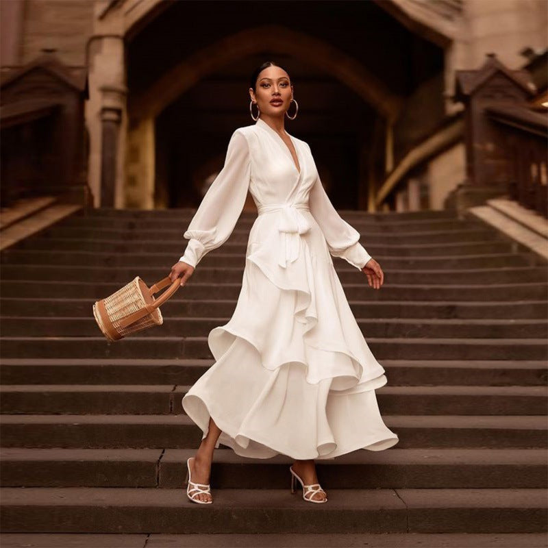 V-neck Long Sleeve Ruffled White Satin Prom Dress