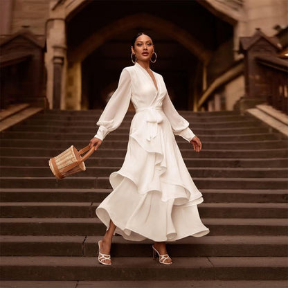 V-neck Long Sleeve Ruffled White Satin Prom Dress