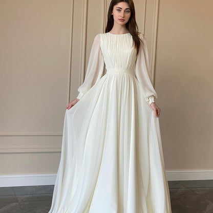 Elegant Long Sleeve Maxi Dress (White)