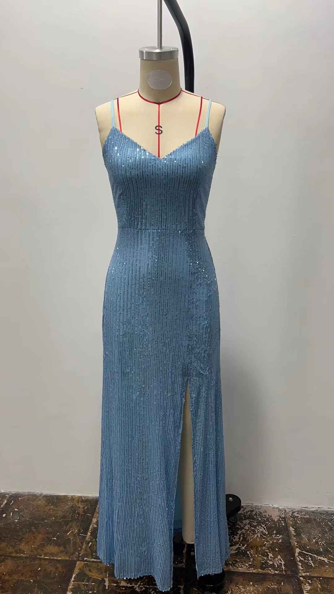 European And American Party Nightclub Slant Shoulder Split Dark Green Sequins Dress