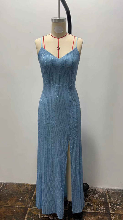 European And American Party Nightclub Slant Shoulder Split Dark Green Sequins Dress