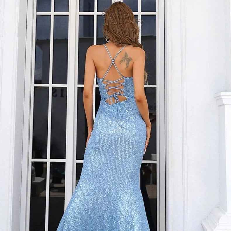 European And American Party Nightclub Slant Shoulder Split Dark Green Sequins Dress
