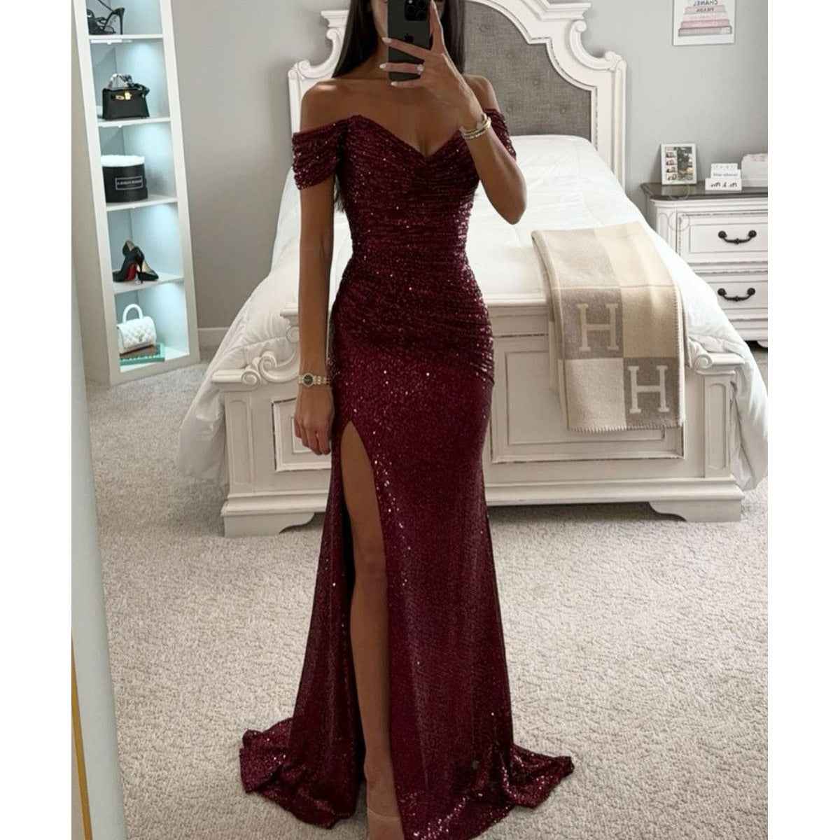 Party Sequins Off-Shoulder Split Dress