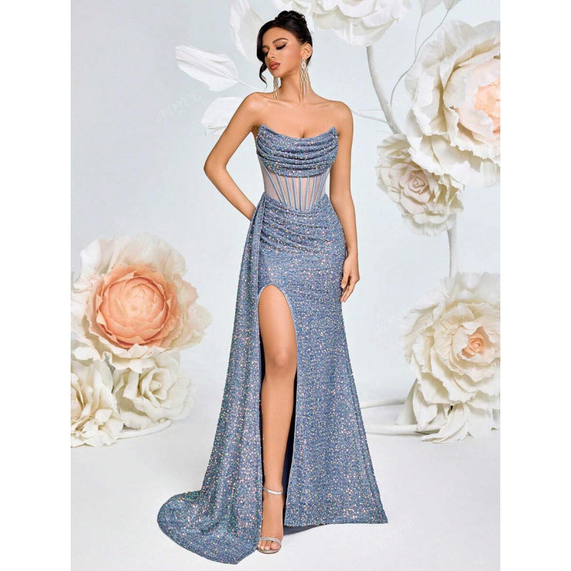 Womens Off-the-Shoulder Hollowed-Out Fishbone Pleated Dress