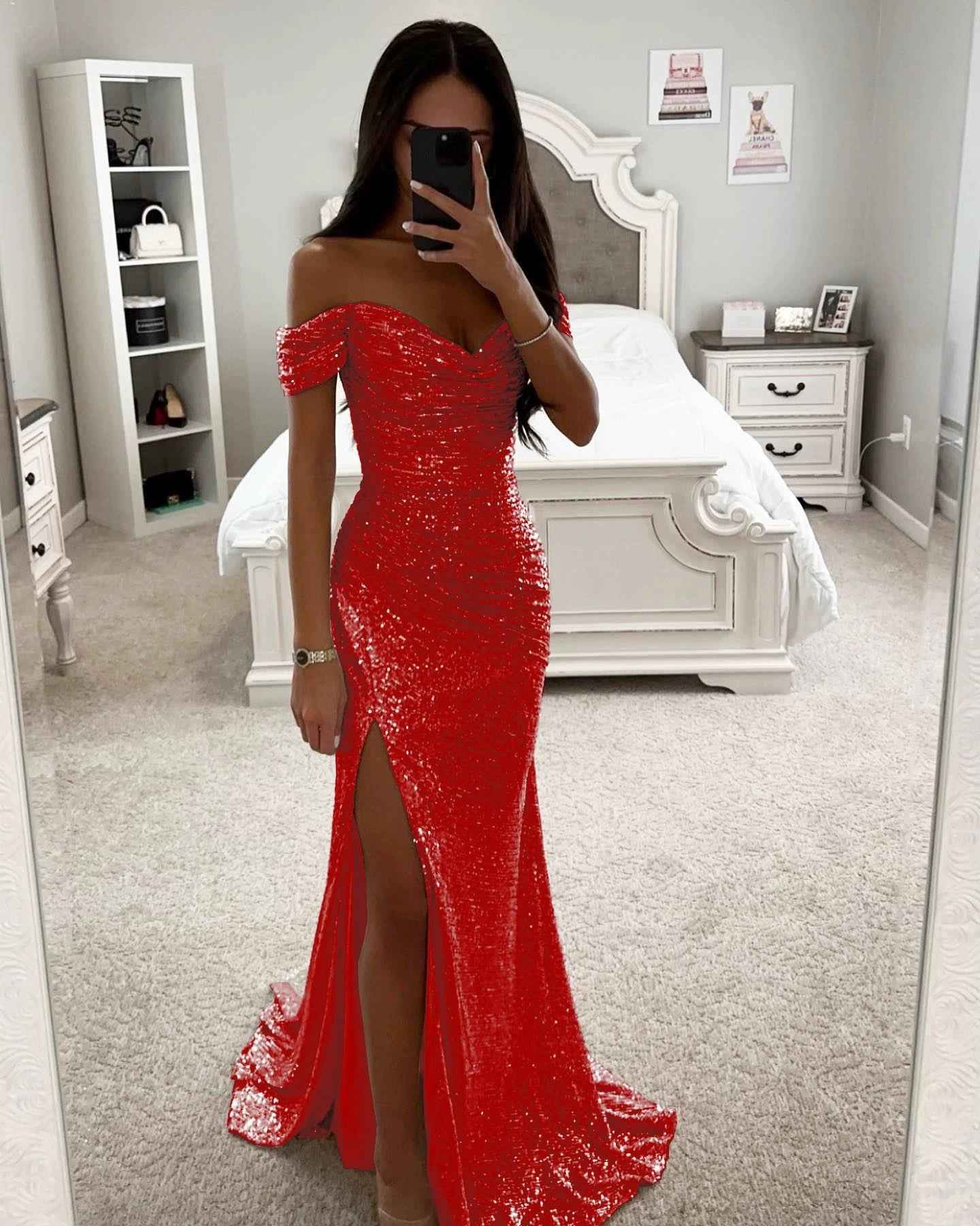 Party Sequins Off-Shoulder Split Dress