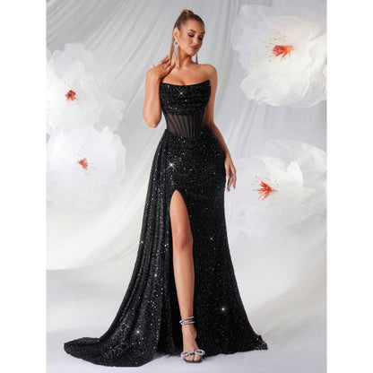 Womens Off-the-Shoulder Hollowed-Out Fishbone Pleated Dress