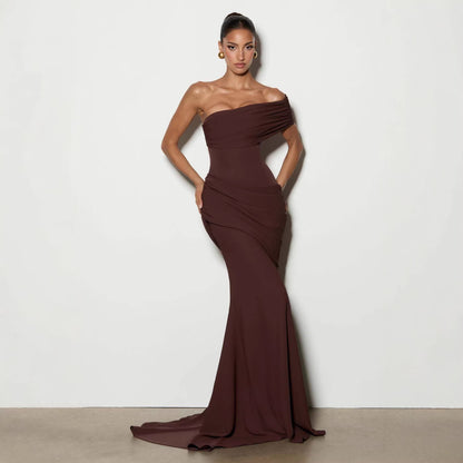 Off-shoulder Strapless One-shoulder Patchwork Pleated Maxi Dress