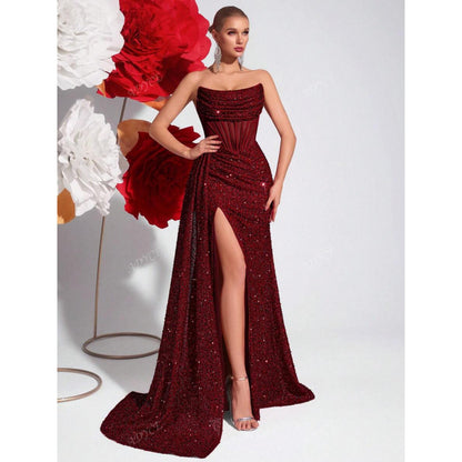 Womens Off-the-Shoulder Hollowed-Out Fishbone Pleated Dress