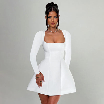 Women's Slim Fit Square Collar Long Sleeve Dress