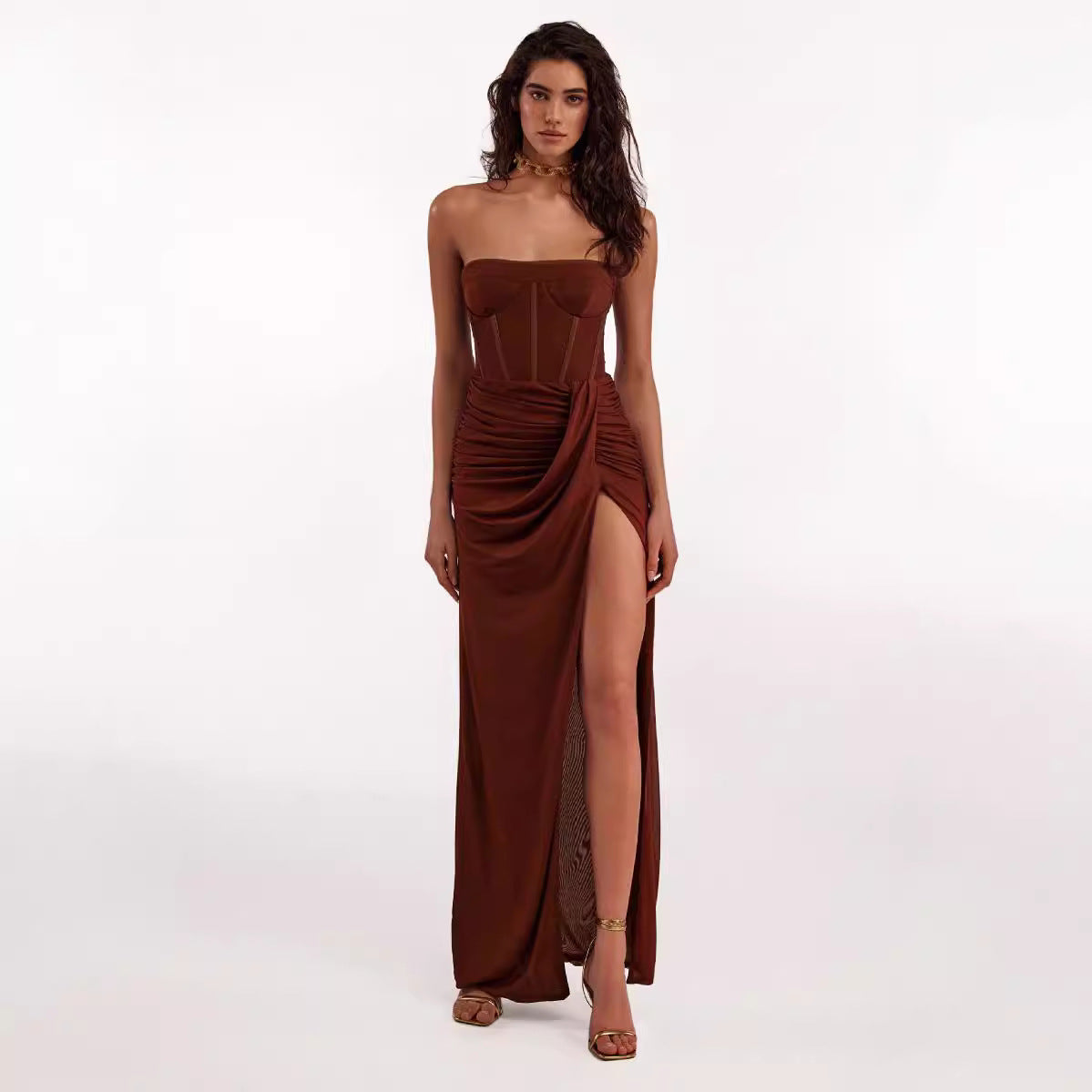 Crimp Slit Hemline At Hem Tube Top Backless Dress Long