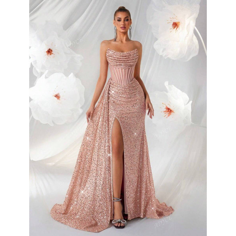Womens Off-the-Shoulder Hollowed-Out Fishbone Pleated Dress