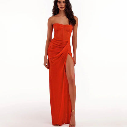 Crimp Slit Hemline At Hem Tube Top Backless Dress Long