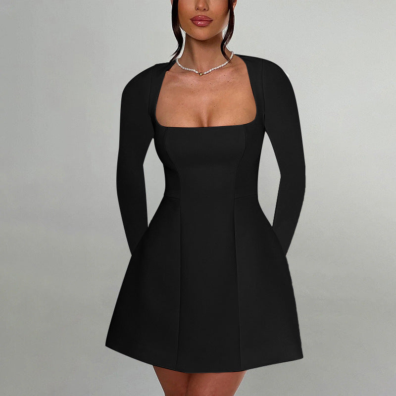 Women's Slim Fit Square Collar Long Sleeve Dress