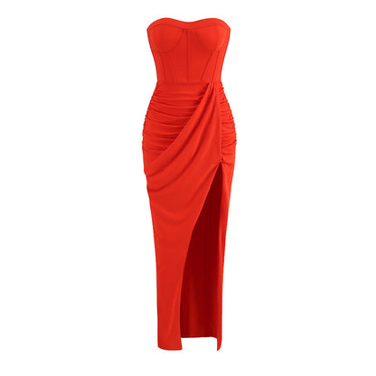 Crimp Slit Hemline At Hem Tube Top Backless Dress Long
