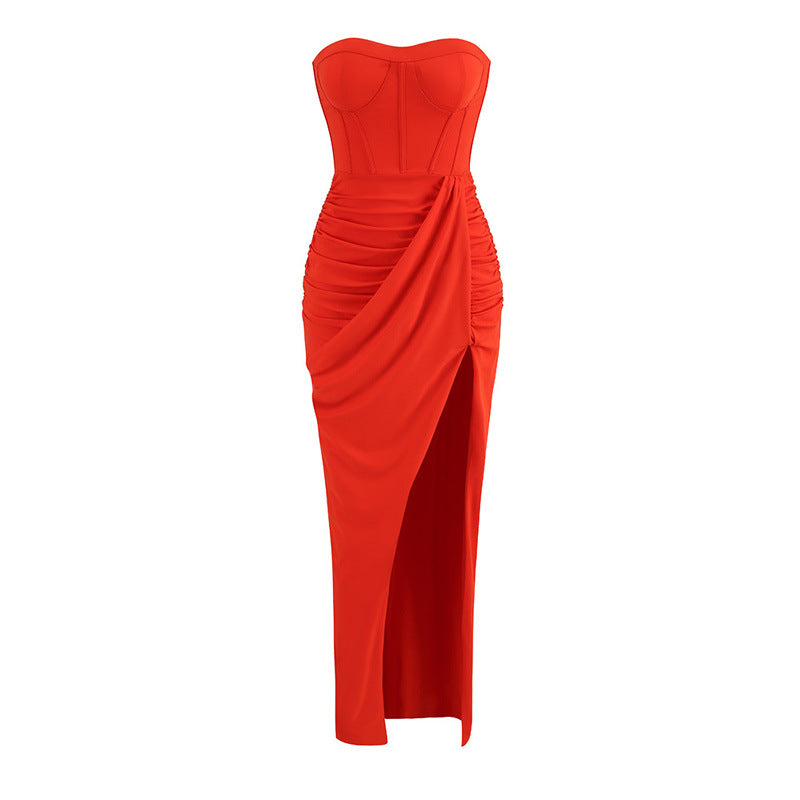 Crimp Slit Hemline At Hem Tube Top Backless Dress Long