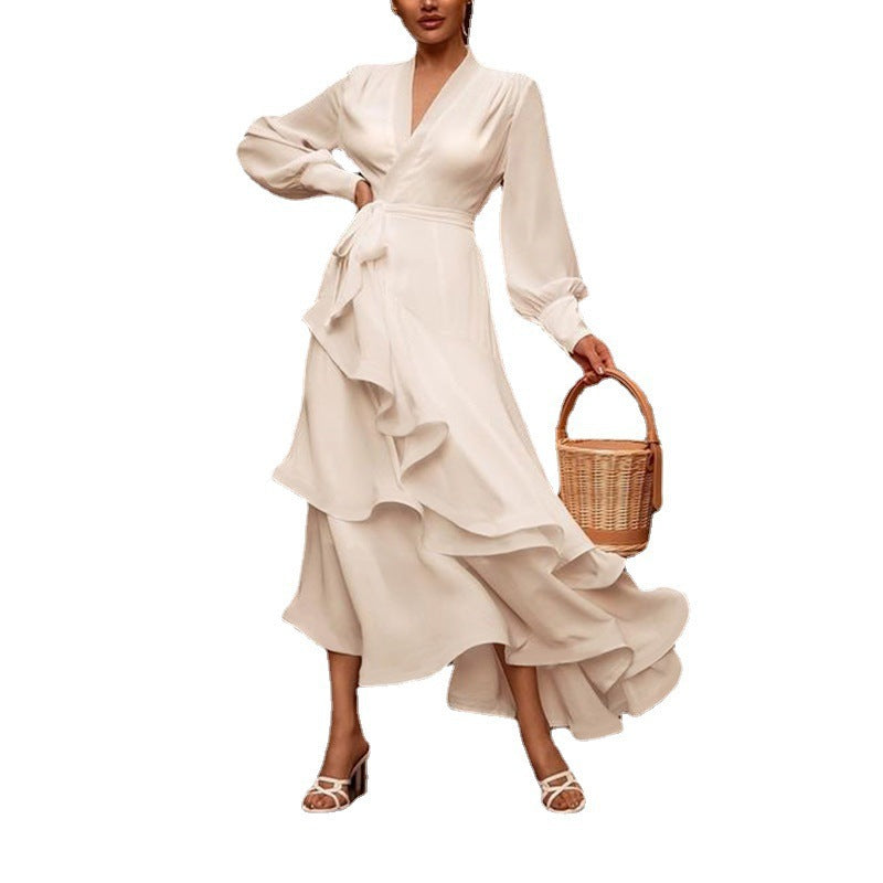 V-neck Long Sleeve Ruffled White Satin Prom Dress