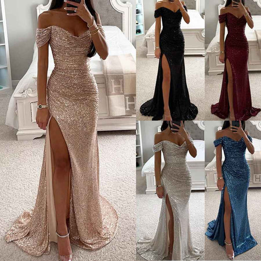 Party Sequins Off-Shoulder Split Dress