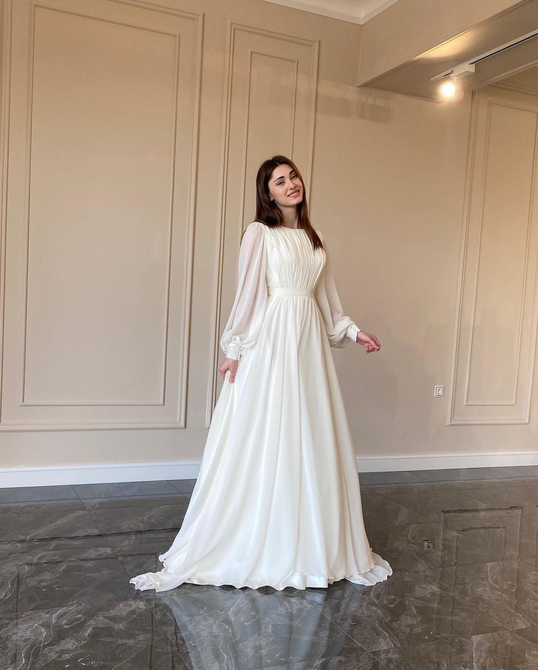 Elegant Long Sleeve Maxi Dress (White)