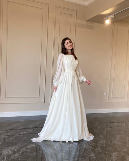 Elegant Long Sleeve Maxi Dress (White)