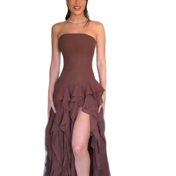 Ruffle-trimmed Side-slit Elegant Dress