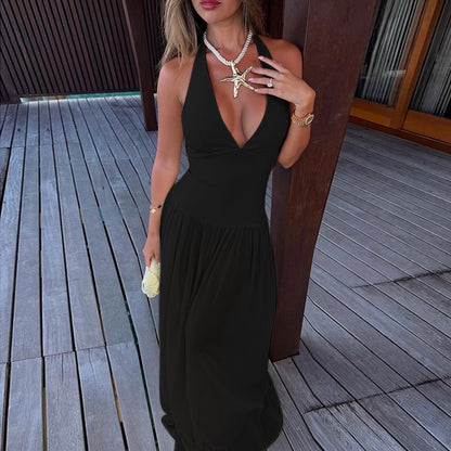 European And American Style Halterneck Vacation Pleated A-Line Long Dress