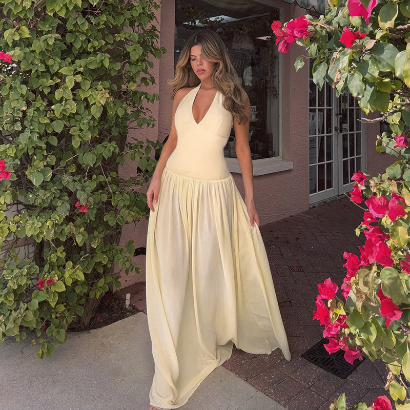 European And American Style Halterneck Vacation Pleated A-Line Long Dress