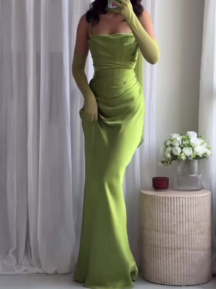 Elegant Pleated Suspender Maxi Dress
