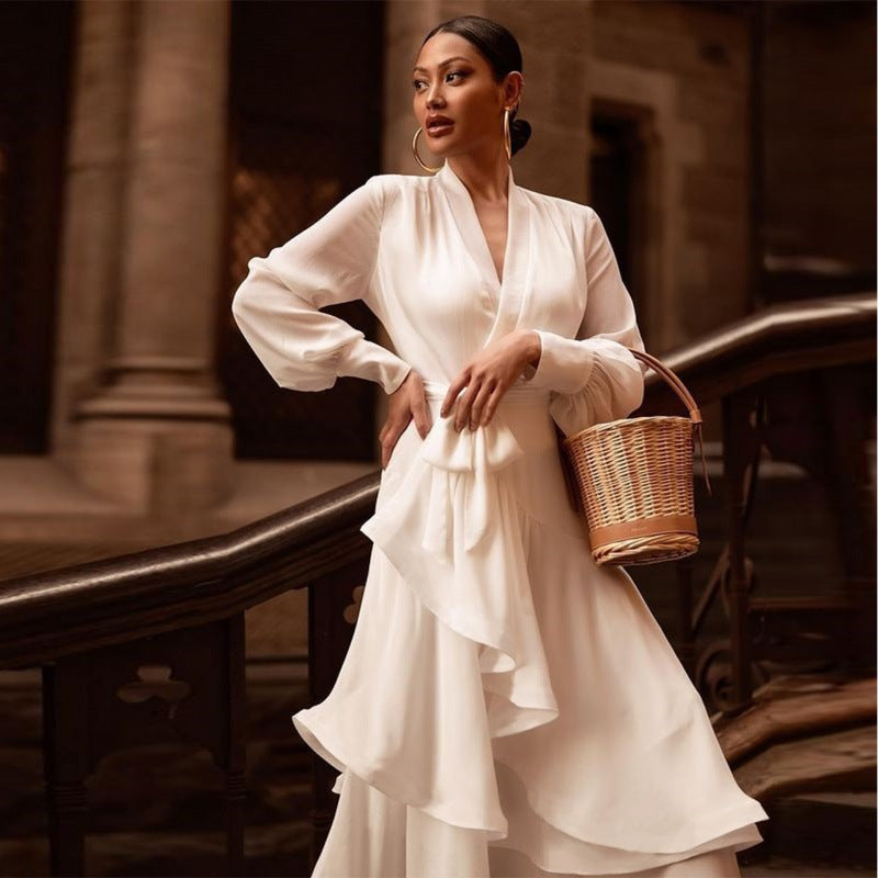 V-neck Long Sleeve Ruffled White Satin Prom Dress