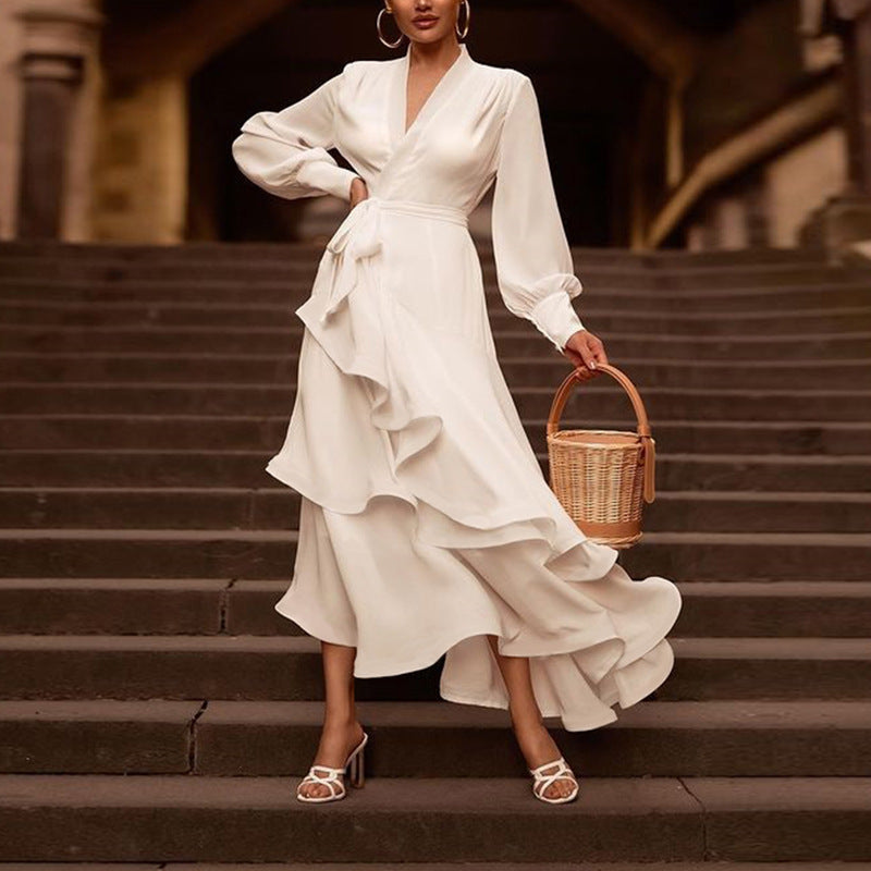V-neck Long Sleeve Ruffled White Satin Prom Dress