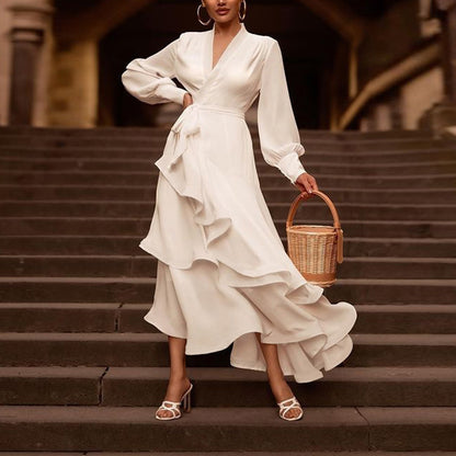 V-neck Long Sleeve Ruffled White Satin Prom Dress