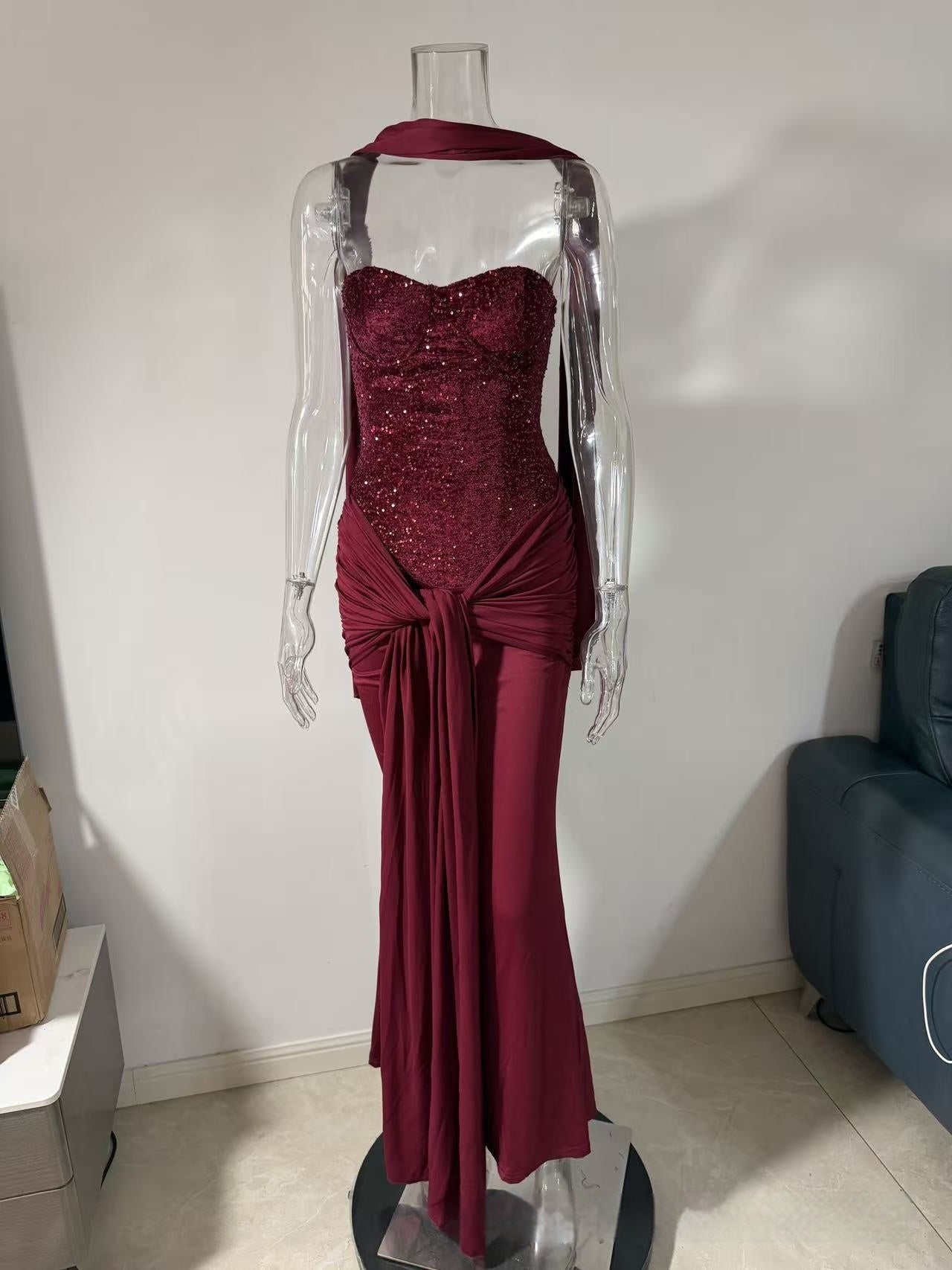 Graceful Tube Top Sequin Stitching Tight Party Evening Dress