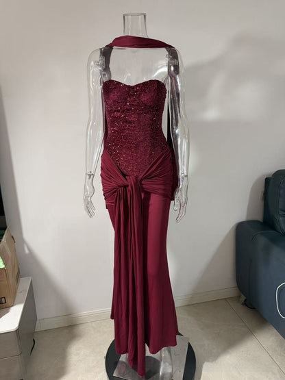 Graceful Tube Top Sequin Stitching Tight Party Evening Dress