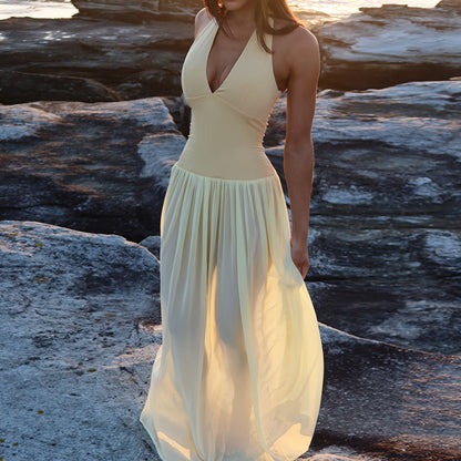 European And American Style Halterneck Vacation Pleated A-Line Long Dress