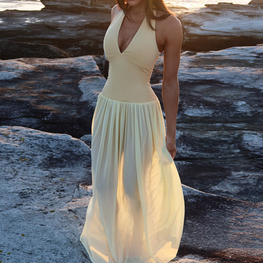 European And American Style Halterneck Vacation Pleated A-Line Long Dress