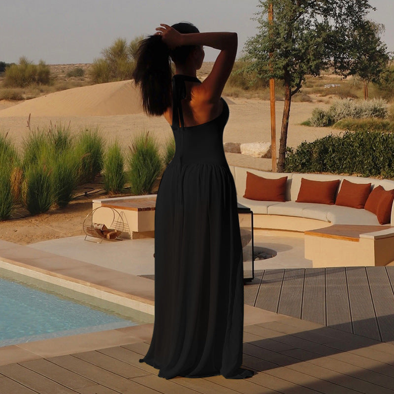 European And American Style Halterneck Vacation Pleated A-Line Long Dress
