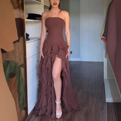 Ruffle-trimmed Side-slit Elegant Dress