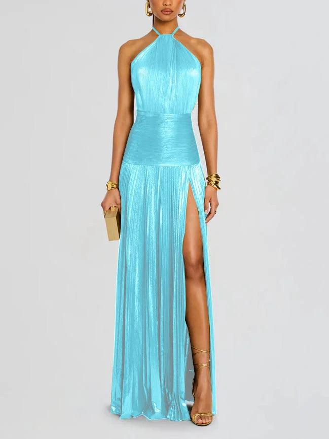Women's Pleated Split Lace-up Halter Dress