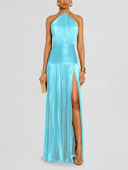 Women's Pleated Split Lace-up Halter Dress