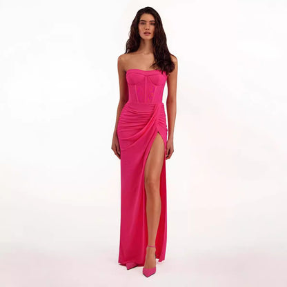 Crimp Slit Hemline At Hem Tube Top Backless Dress Long