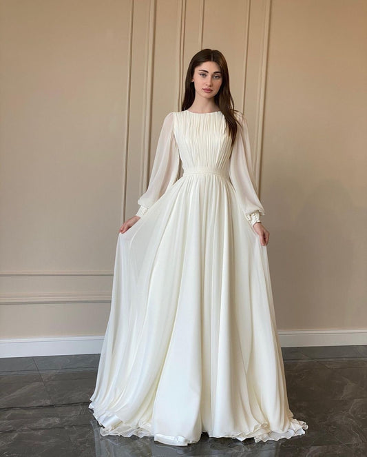 Elegant Long Sleeve Maxi Dress (White)