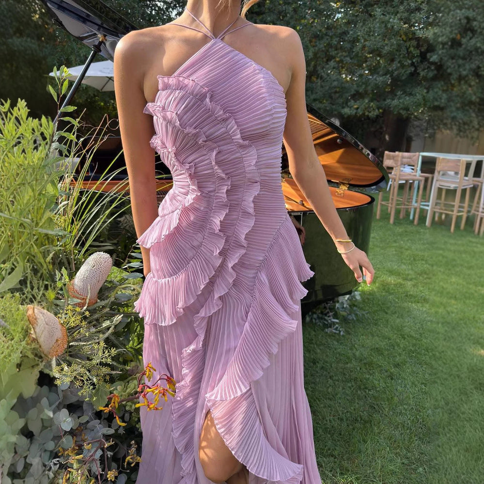 Ruffled Pleated Halterneck Dress Summer Irregular Hem Dresses Party Club Evening Gown Clothing