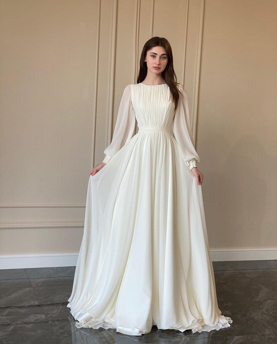 Elegant Long Sleeve Maxi Dress (White)