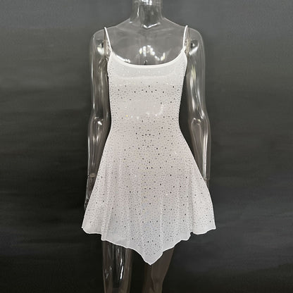 Hot Drilling Semi See-through Sling Short Dress