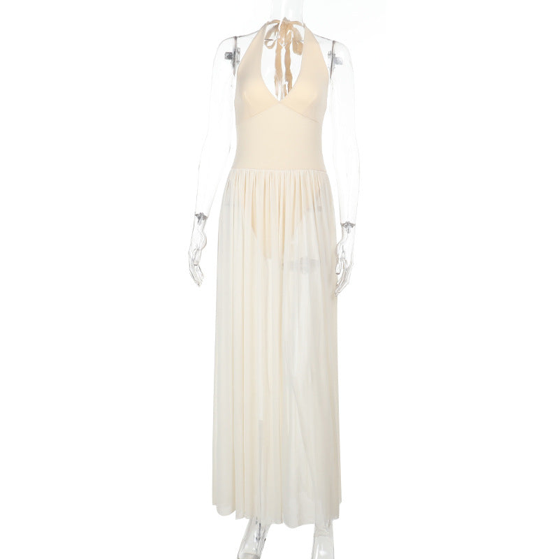 European And American Style Halterneck Vacation Pleated A-Line Long Dress